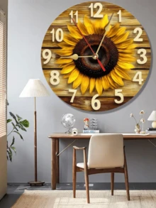 乡村向日葵壁挂艺术时钟 - 木制 2D，非常适合家庭、办公室、咖啡厅和节日派对装饰，艺术礼品创意，办公室壁钟 | 乡村墙壁艺术 | 木质纹理，客厅壁钟，2D 平面圣诞节 2025 圣诞装饰品 - 彩色 - 查看 3