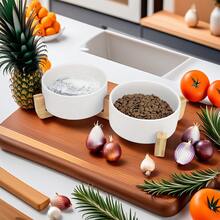 Ceramic Cat/Dog Bowl With Anti-Slip Wooden Stand, Elevated Pet Food & Water Bowl, Round Pet Feeding Bowl, Dishwasher , Easy To Clean - White - View 3