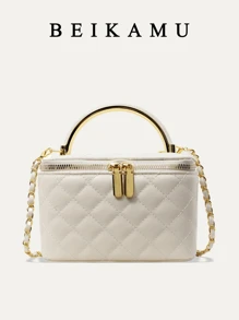 1 pieza Bolso en forma de caja con patrón de rombos de la marca BEIKAMU, monedero para maquillaje, elegante bolso bandolera con cadena para el hombro