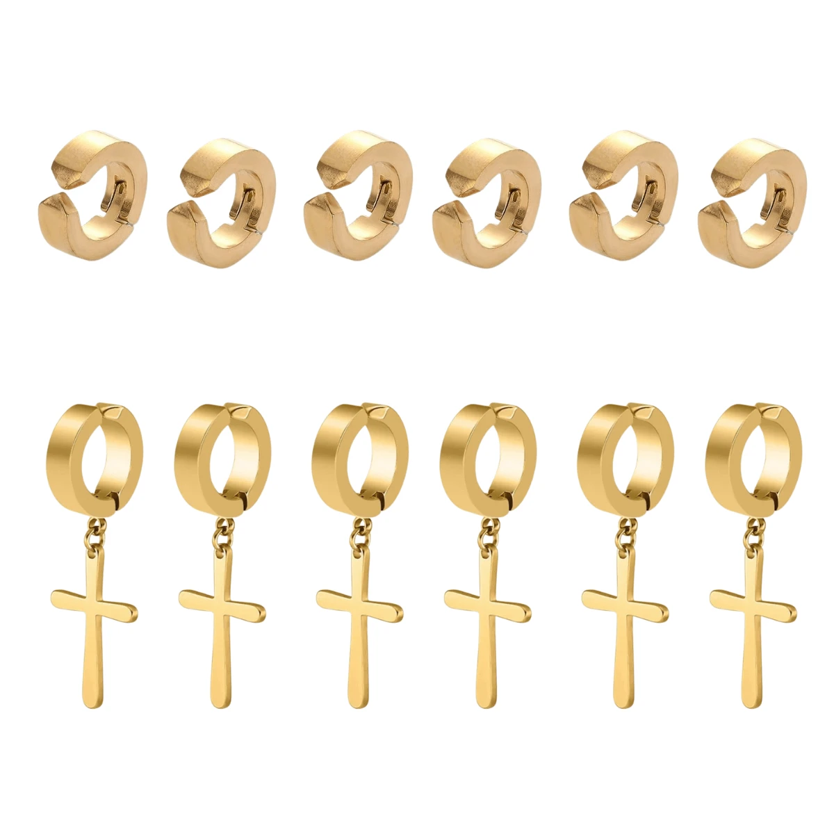 Kit 6 Pairs Unisex Clip-On Earrings Stainless Steel Antiallergic Silver Black Gold Without Cross With Cross - 金色 - 查看 1