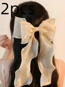 1pc Sweet Pink Princess Mesh Super Bow Wave Ribbon Ponytail Claw Clip, Elegant Soft Spring Hair Accessory,Hair Clips,Hair Barrettes - Pink - View 16