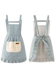 This Apron Features A Women's Striped Design With Pockets, A Fresh And Clean Work Uniform Style Suitable For Kitchen And Home Country Style, Can Be Used For Wiping Hands And Tying Around The Waist. - Multicolor - View 6