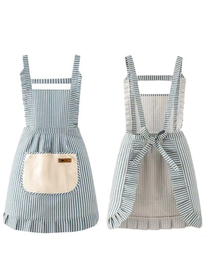 This Apron Features A Women's Striped Design With Pockets, A Fresh And Clean Work Uniform Style Suitable For Kitchen And Home Country Style, Can Be Used For Wiping Hands And Tying Around The Waist.