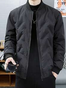 Veste d'hiver décontractée pour hommes avec col de baseball de couleur unie - Noir - Voir 1