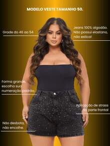 Women's Plus Size Black Rhinestone Dark Jeans 100% Cotton High Waist Shorts - Black - View 7