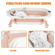 Bañera plegable para bebé, con termómetro digital, cojín de baño, compacta y portátil, gris/rosa