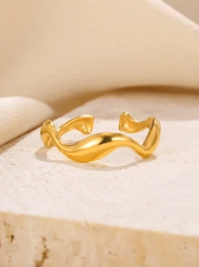 Anel minimalista com formato de onda irregular, curva, banhado a ouro 18k, aço inoxidável, aberto, ajustável, joia diária, presentes de aniversário de casamento