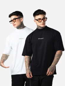 DMUNIZ Oversized Streetwear Turtleneck Printed Chest T-Shirts Kit 2 - 黑色/白色 - 查看 1
