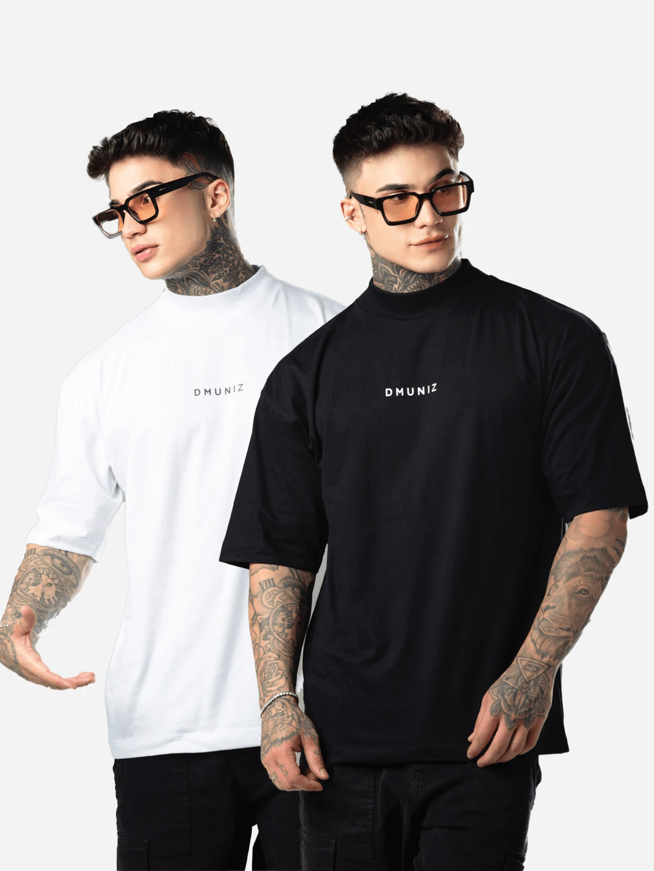 DMUNIZ Oversized Streetwear Turtleneck Printed Chest T-Shirts Kit 2 - 黑色/白色 - 查看 1