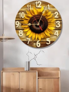 乡村向日葵壁挂艺术时钟 - 木制 2D，非常适合家庭、办公室、咖啡厅和节日派对装饰，艺术礼品创意，办公室壁钟 | 乡村墙壁艺术 | 木质纹理，客厅壁钟，2D 平面圣诞节 2025 圣诞装饰品 - 彩色 - 查看 6