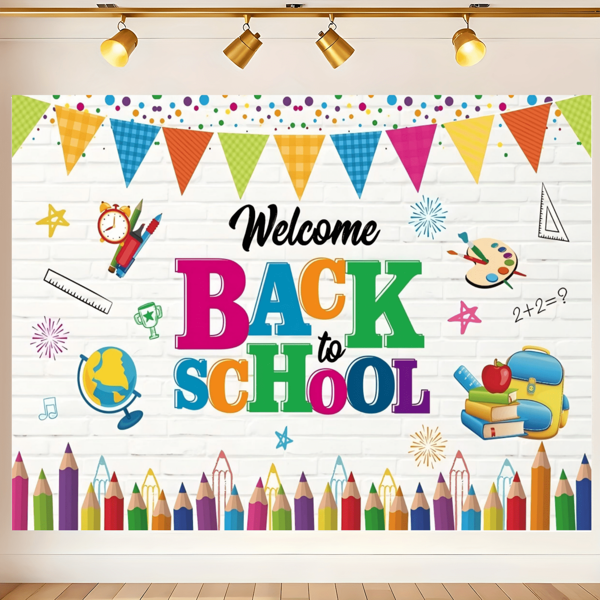 1 Pc Vibrant Indoor Polyester Background - Colorful Blackboard Theme With Pencils, Globe And Math Equations For Interior Decoration, No Electricity Required - Welcome Banner And Study Tool Design Multiple Size Options