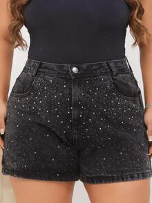 Women's Plus Size Black Rhinestone Dark Jeans 100% Cotton High Waist Shorts - Black - View 1