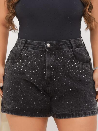 Short Jeans Feminino Plus Size Preto Strass Jeans Escuro 100% Algodão Cintura Alta