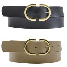 Kit 2 Women's Belt 2D Double Inverted Round Buckle Current Fashion Winter Summer 96040K2 - 黑色和米色 2 - 查看 1