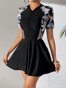 Pelagicus Women's One Piece Swimsuit, V-Neck Butterfly Print, Umbrella Silhouette, Medium Stretch Polyester & Spandex, Removable Padding, Zipper Detail, Traditional Hemline, Moderate Coverage, Summer Beach Vacation Hawaiian Style, Elegant & Cute, Suitable For Graduation Season