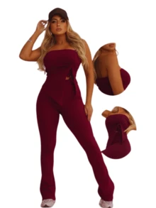 Women's Set Of Pants And Blouse With Diagonal Cutout Strapless - Burgundy - View 1