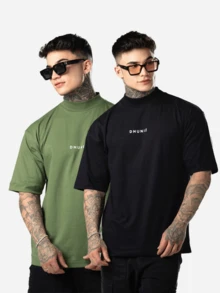 DMUNIZ Oversized Streetwear Turtleneck Printed Chest T-Shirts Kit 2 - Black/Moss Green - View 1