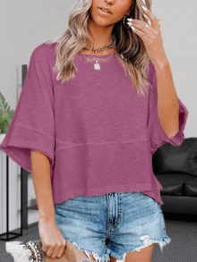 Women's Summer Soft Crewneck Batwing Half Sleeve T-Shirt Solid Color Lightweight Loose Fit Casual Top Christmas Gift & New Year Gift - 酒紅色 - 查看 2