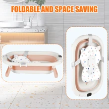 Bañera plegable para bebé, con termómetro digital, cojín de baño, compacta y portátil, gris/rosa
