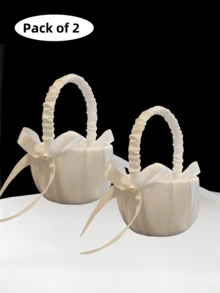 1 pieza/2 piezas Cesta de flores para niña de las flores con cinta blanca y moño de satén, colección de cestas de flores para bodas