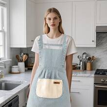 This Apron Features A Women's Striped Design With Pockets, A Fresh And Clean Work Uniform Style Suitable For Kitchen And Home Country Style, Can Be Used For Wiping Hands And Tying Around The Waist. - Multicolor - View 2