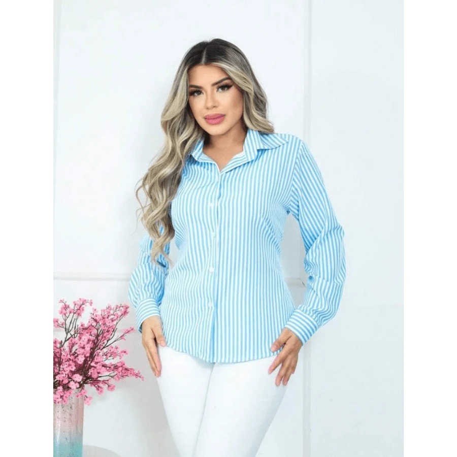 Striped Long Sleeve Dress Shirt Women's Fashion - ÁO XANH - Xem 1