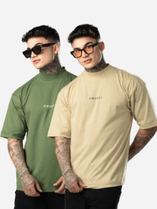 DMUNIZ Oversized Streetwear Turtleneck Printed Chest T-Shirts Kit 2 - 卡其色/苔綠色 - 查看 1