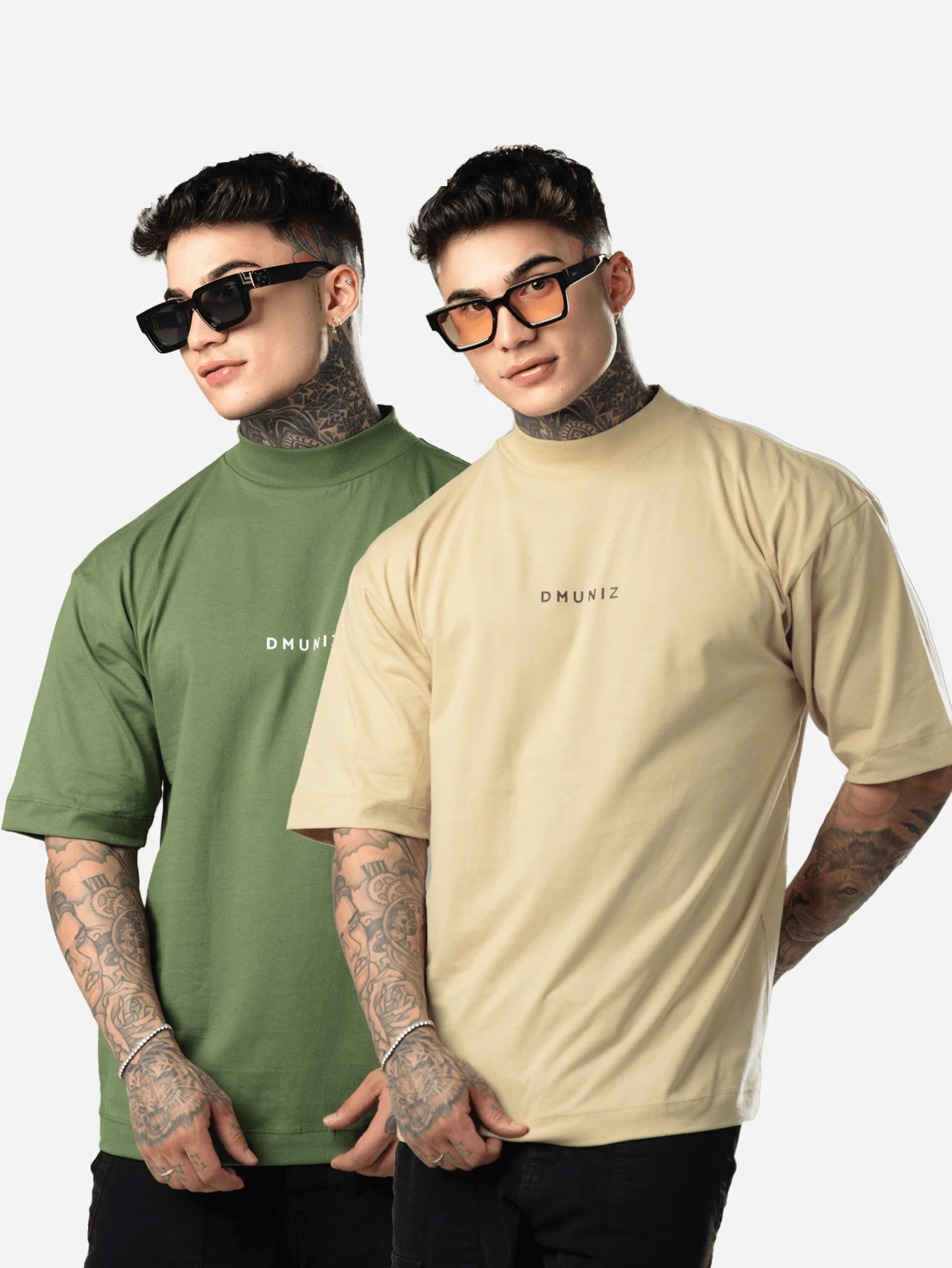 DMUNIZ Oversized Streetwear Turtleneck Printed Chest T-Shirts Kit 2 - 卡其色/苔綠色 - 查看 1