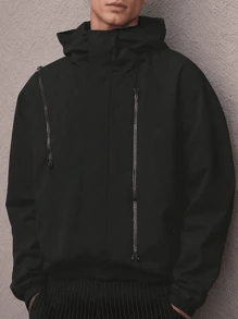 男士春夏秋季休闲纯色户外简约连帽夹克，功能性宽松工作服时尚防风防水黑色长袖轻便夹克，适合秋季徒步、钓鱼、骑行、旅行和摄影 - 黑色 - 查看 2