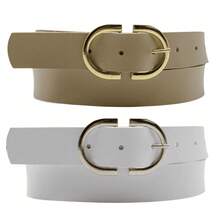 Kit 2 Women's Belt 2D Double Inverted Round Buckle Current Fashion Winter Summer 96040K2 - 米色和白色 - 查看 1