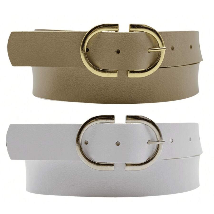 Kit 2 Women's Belt 2D Double Inverted Round Buckle Current Fashion Winter Summer 96040K2 - 米色和白色 - 查看 1