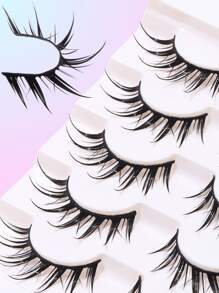 5 pares de pestañas postizas gruesas y largas con punta húmeda con estampado de dibujos animados, adecuadas para principiantes, extensión de ojos de 10-14 mm, estilo cruzado/de muñeca/de ojos de gato, efecto de maquillaje para uso diario y dramático, pestañas realistas fáciles de usar, material suave reutilizable