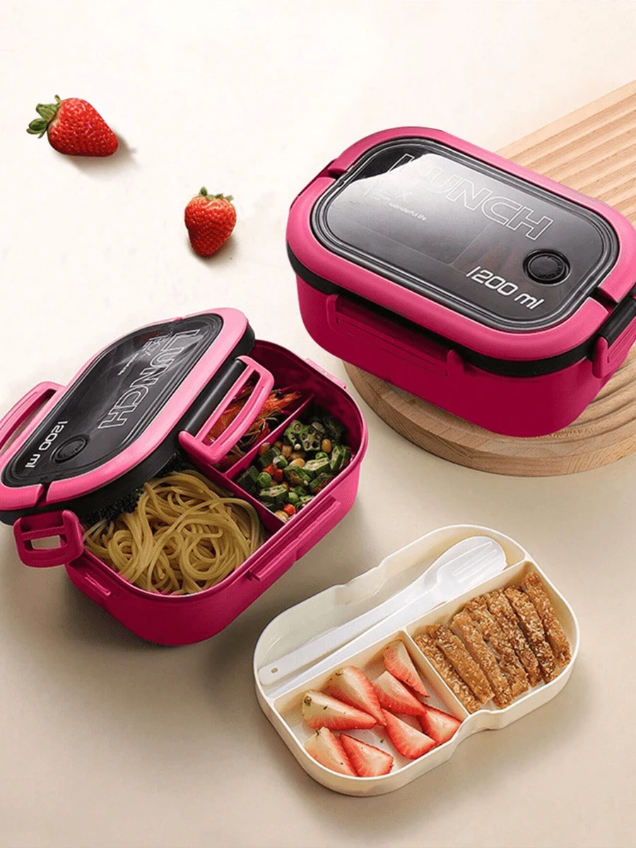 微波炉适用便当盒 – 双层防漏午餐盒，带手柄和餐具套装 – 适合学校、办公室、旅行、圣诞节和节日礼物 – 适合男士和女士 - 玫紅色 - 查看 1