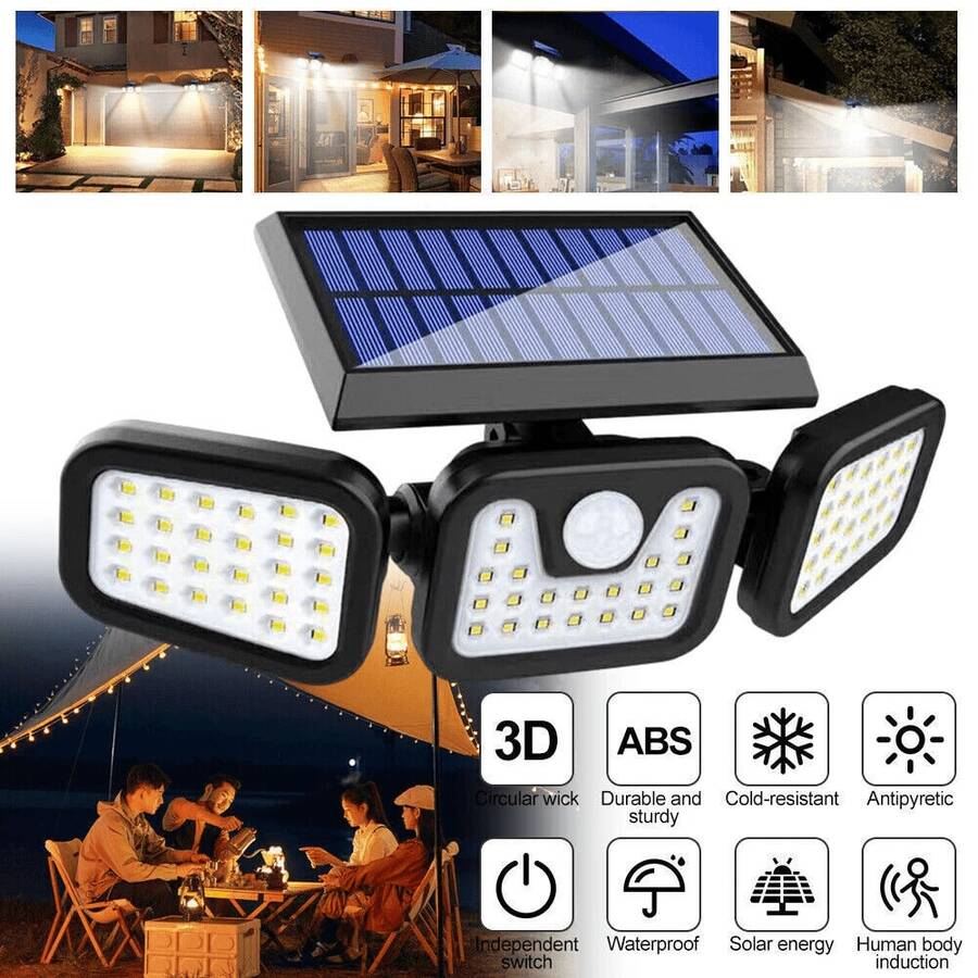 NetHong Solar Lights Outdoor 3 Heads Waterproof Durable Wireless Motion Sensor Security Lamp With 270 Degree Wide Angle For Porch Garage Garden Patio Yard Pathway - 黑色 - 查看 1