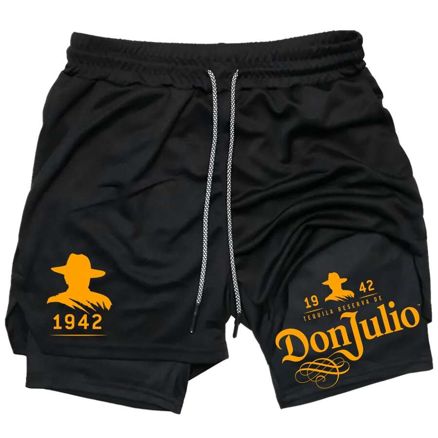 Men Gifts,Don-Julio Print 3 In 1 Drawstring Waist Shorts,Quick Dry Swim Trunk,Running Shorts,Short Short,Phone Pocket,Shorts Outfit,Anime Gym Shorts,Loose Casual Pocket Track Shorts For Summer,Workout Clothes,Activewear,Casual Athletic Sport Short,High Stretch Sport Short - 黑色 - 查看 1