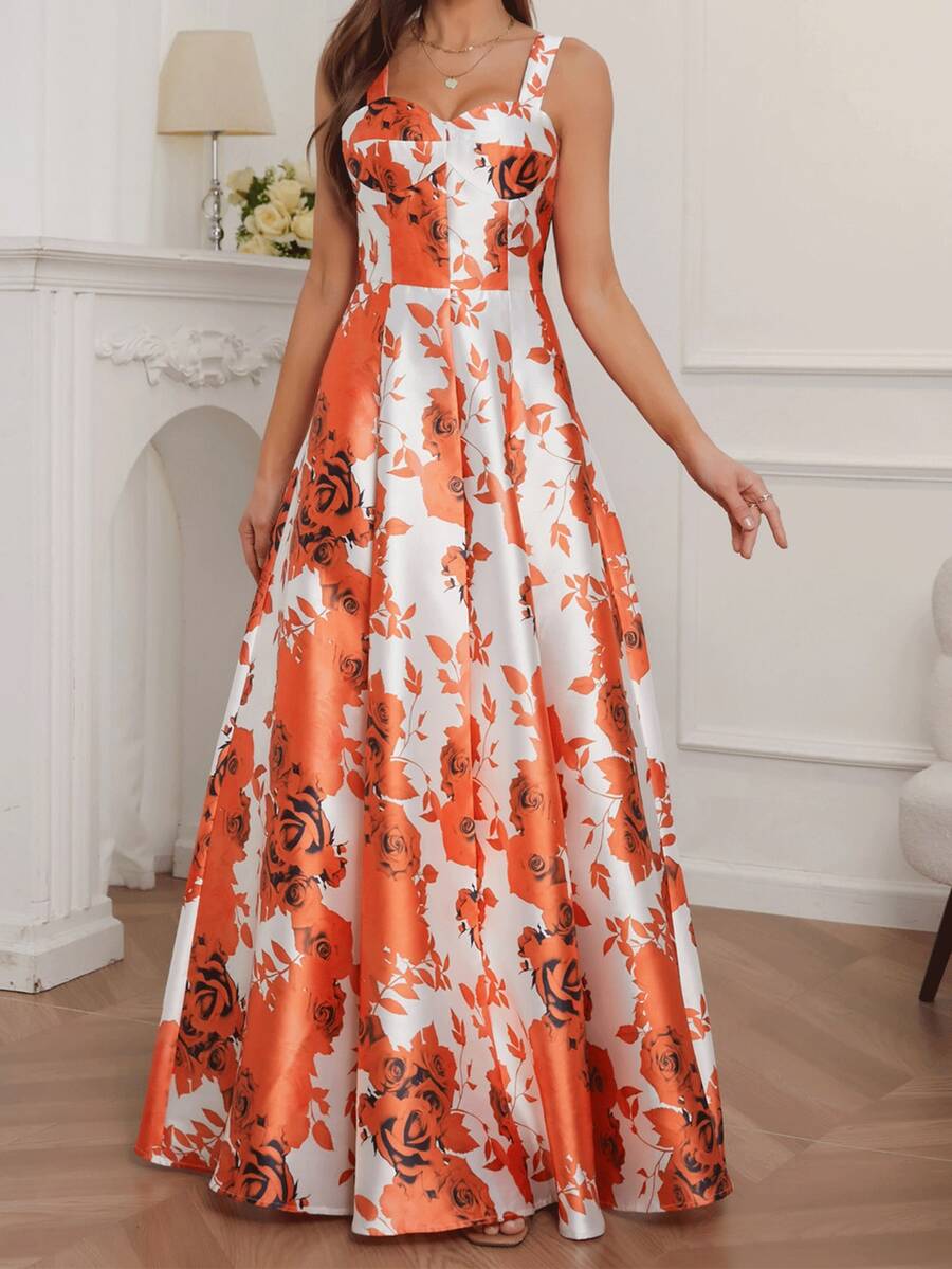 Women's Elegant Long Dress With Floral Print & Wide Straps, Party Dress, Wedding Guest Dress, Prom Dress - Red and White - View 1