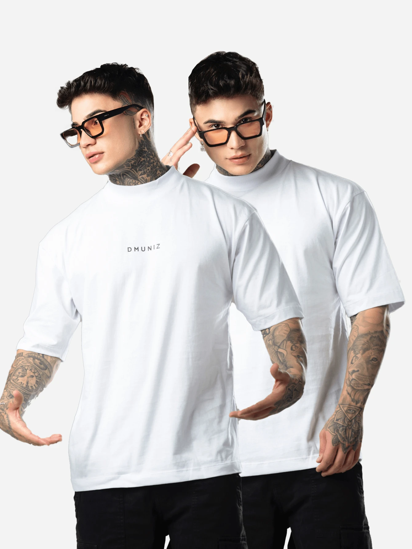 DMUNIZ Oversized Streetwear Turtleneck Printed Chest T-Shirts Kit 2 - 2 White - View 1