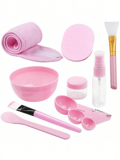 11件DIY面膜搅拌工具套装，含碗、棒、刮刀、硅胶刷、喷雾瓶、粉扑、浸泡瓶量规，粉色DIY面膜搅拌碗套装，硅胶碗，适用于面部 - 粉色