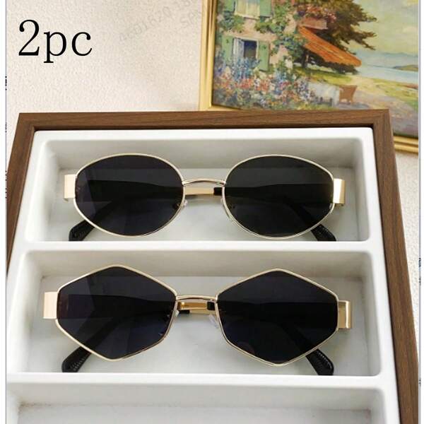 2 piezas Gafas de moda para mujer con marco metálico elíptico, nuevas gafas decorativas de polígono del estilo Y2K Streetwear