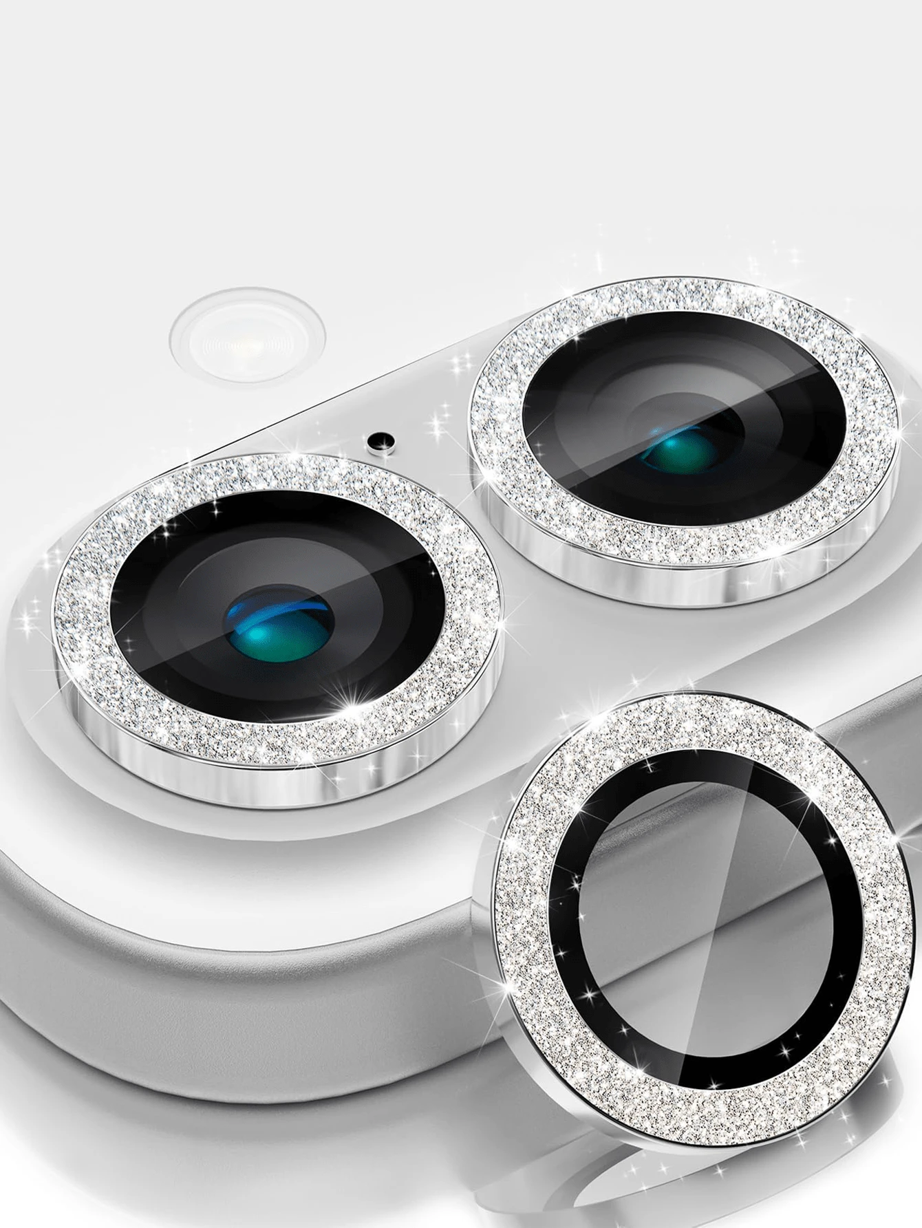 3Pcs Camera Lens Protective Film Compatible With Iphone 17 Pro Max 17 Air 17 Pro 16 Pro Max 16 15 15 Plus 14 13 12 11 Mini Plus Pro Max, Sparkly, Single Metallic Glitter 9h Hardness Anti-Scratch Screen Protector, Fashionable Accessory, Friendly Protective Cover(Silvery Glitter) - Silver - View 1