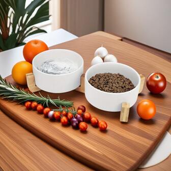 セラミック製 猫犬用 餌入れ 水入れ 滑り止め木製スタンド付き 高さ調整可能 丸型PET用フードボウル 食洗機対応 お手入れ簡単