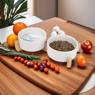 Ceramic Cat/Dog Bowl With Anti-Slip Wooden Stand, Elevated Pet Food & Water Bowl, Round Pet Feeding Bowl, Dishwasher , Easy To Clean