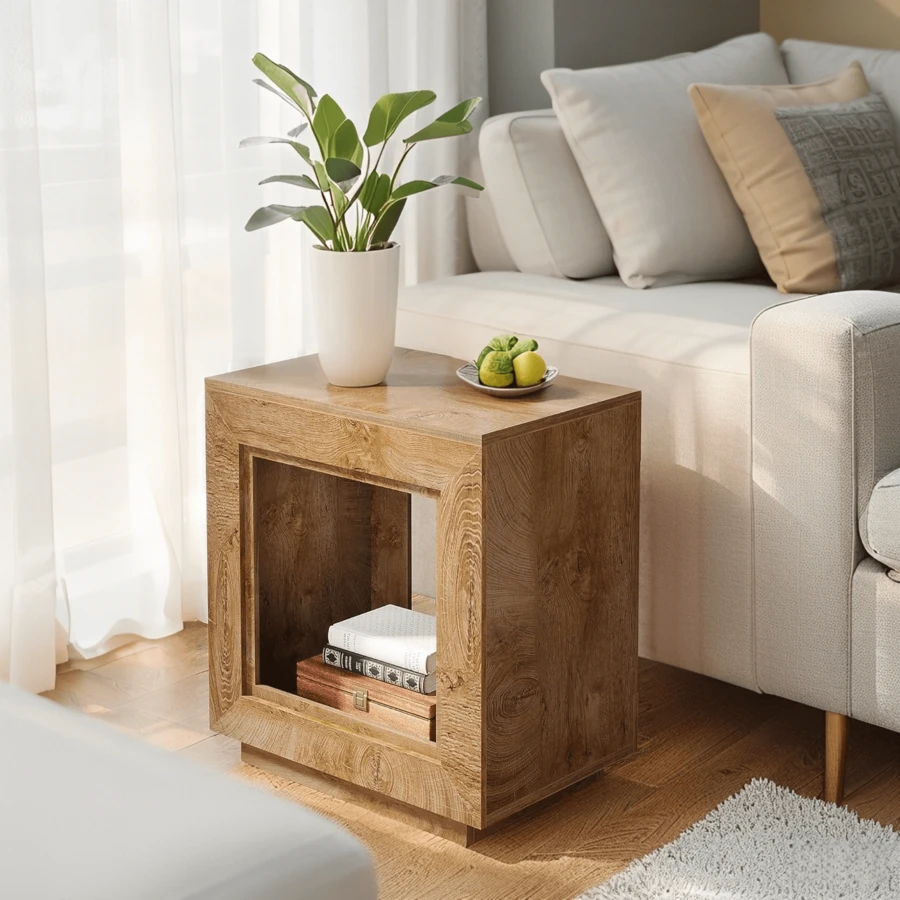 LITTLE TREE Mesa lateral estilo granja de 24 pulg - Mesa de extremo de color marrón rústico con estante de almacenamiento, mesita de noche multifuncional - Natural - Ver 1