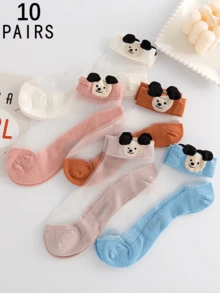 5/10/15双夏季薄款水晶丝可爱3D卡通熊透气吸湿排汗百搭女士短袜 - 彩色 - 查看 9