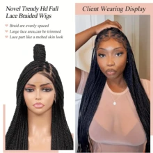 More Beautiful 360° HD Full Lace Knotless Braided Wigs For Women Box Braid Wig With Baby Hair Premium Synthetic Braided Lace Front Wigs Natural Black - 黑色 - 查看 7