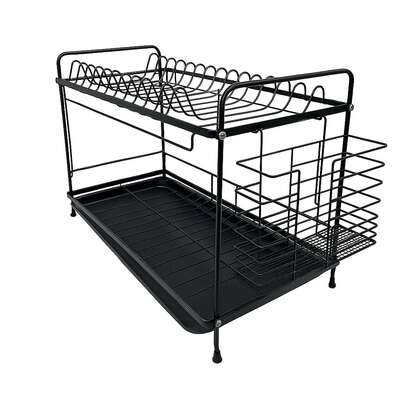  Escorredor de Louças Duplo Vertical BSMIX Preto Fosco – Organizador de Bancada Premium, Porta-Talheres Removível, Suporte Lateral Multifuncional, Bandeja Coletora com Drenagem, Estrutura Robusta, Compacto e Durável para Cozinhas Planejadas, Apartamentos, Loft, Studio, Áreas Gourmet, Residencial e Profissional