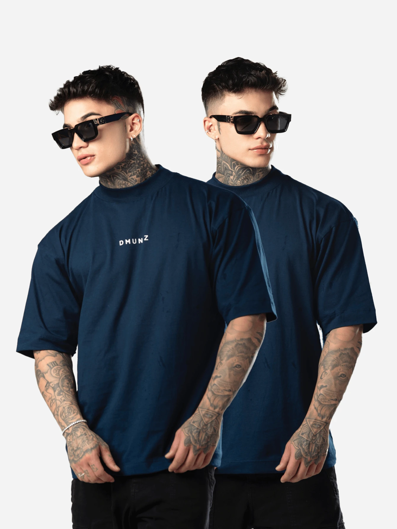 DMUNIZ Oversized Streetwear Turtleneck Printed Chest T-Shirts Kit 2 - 2 Blue - View 1