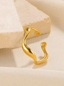Anel minimalista com formato de onda irregular, curva, banhado a ouro 18k, aço inoxidável, aberto, ajustável, joia diária, presentes de aniversário de casamento