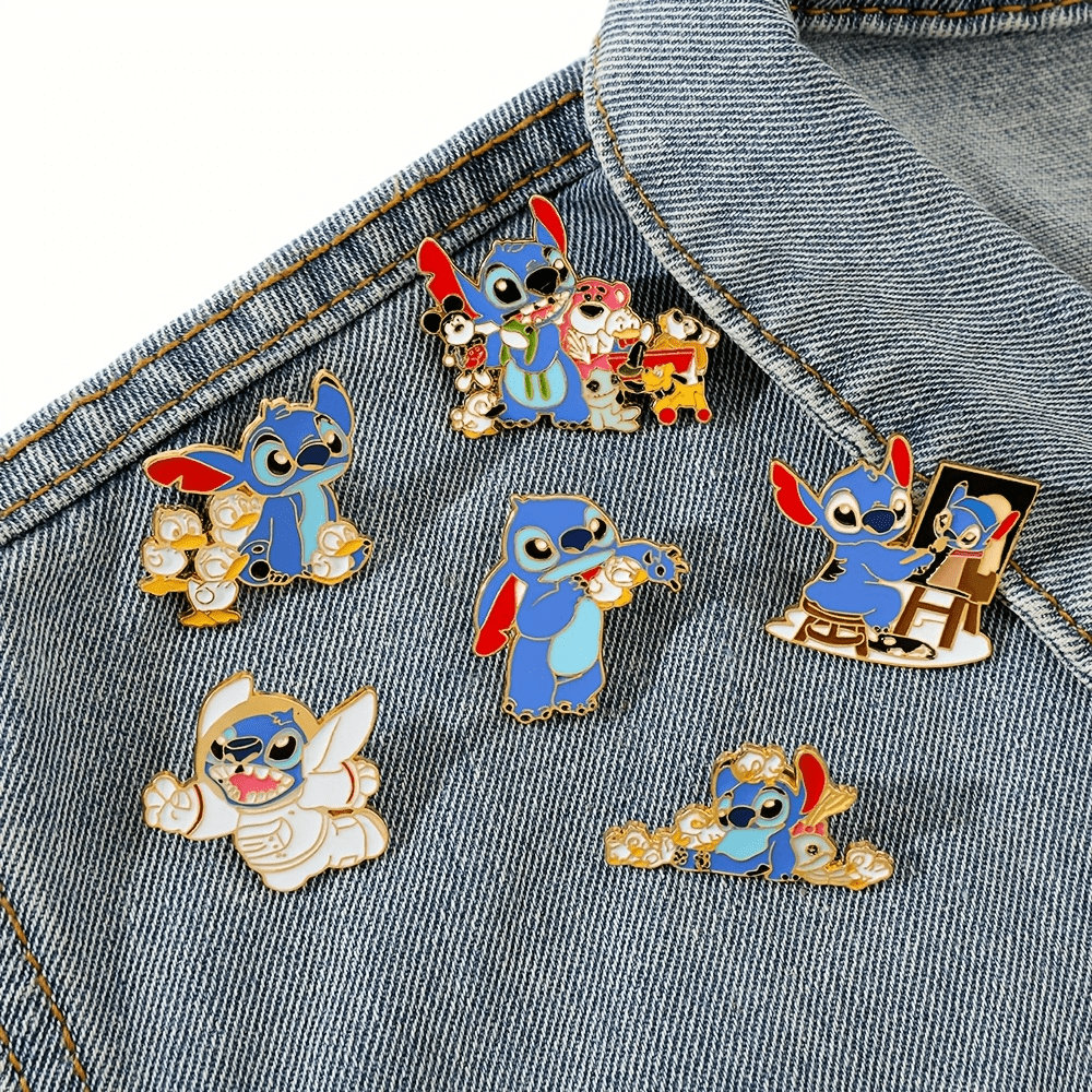 Disney 6pcs Disney Stitch Enamel Pins Set, Cartoon Anime Alloy Brooches, Punk Style Irregular Shaped Metal Badges, Festive Clothing Accessories For Backpacks, Licensed Merchandise Backpack For School