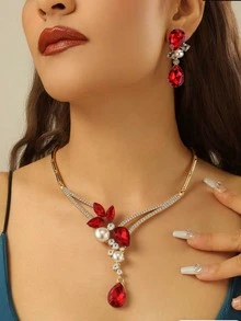 3入組紅色玻璃珠&人造珍珠&鑽石裝飾的金色配件和耳環,適合女性使用的情人節、紀念日、婚禮、派對珠寶禮物和新娘珠寶套裝 - 查看 2